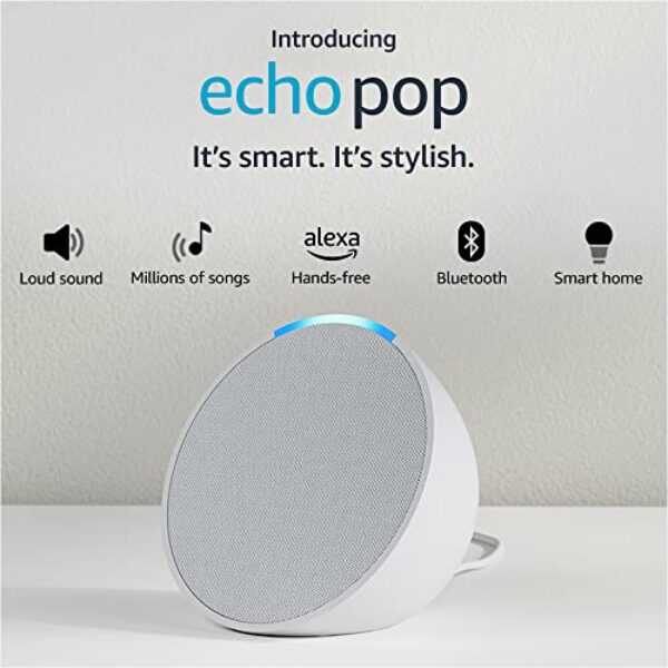 Introducing Echo Pop| Smart speaker with Alexa and Bluetooth| Loud sound, balanced bass, crisp vocals| White