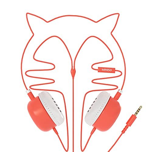 MINISO Cat Ear Headphones Comfortable Headphone for Android and iOS Mobile Phones, Computers, Laptops, Music Player,Red